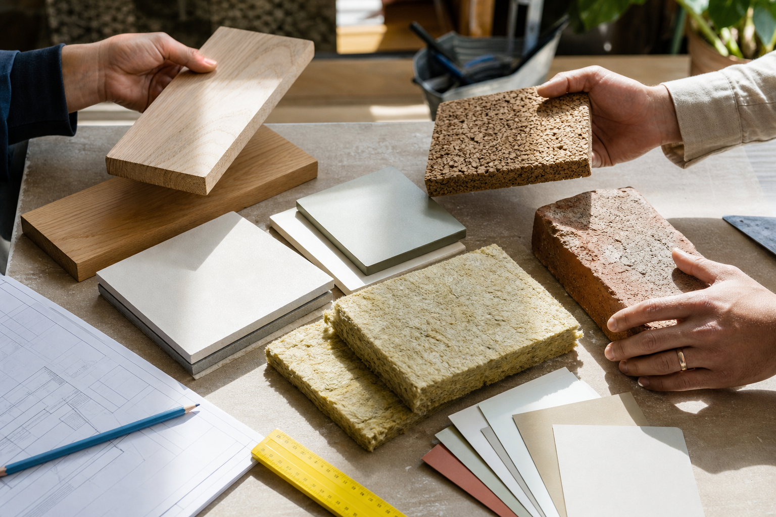 Vier handen vergelijken hout, kurk, baksteen, plaatmateriaal en isolatiestalen op een werktafel