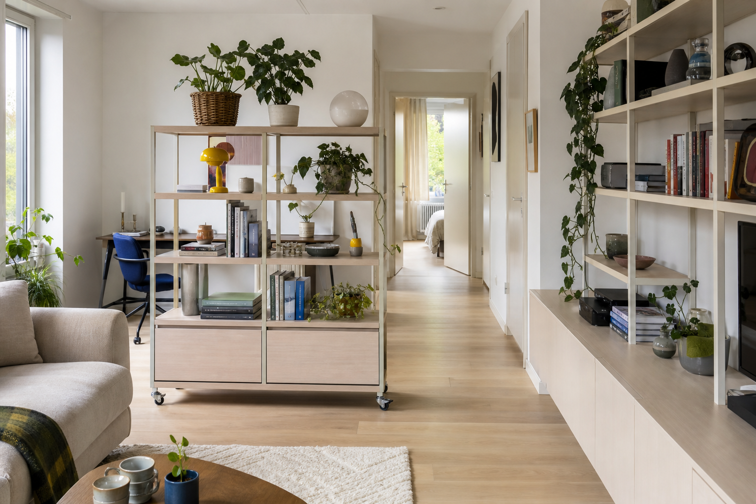 Compact appartement met een verrijdbare open kast, werkplek en vrije looproute