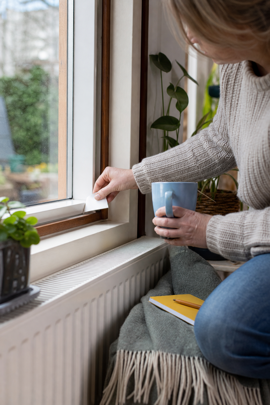 Bewoner controleert met een strook papier de kier bij een raam boven de radiator