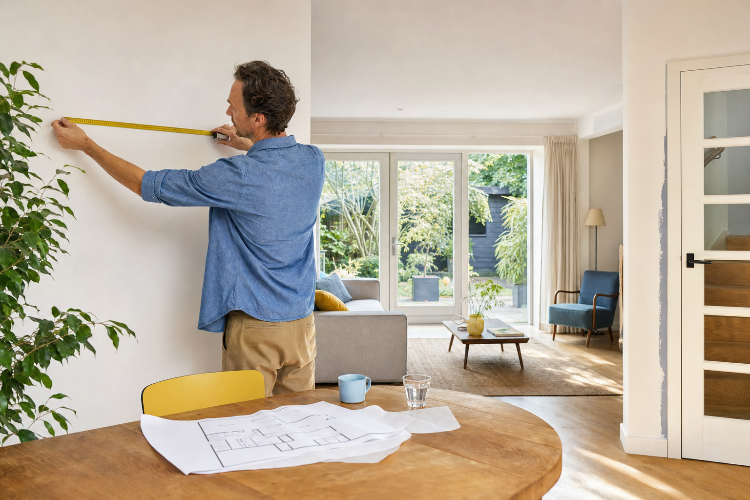 Bewoner meet een wand in een lichte woonkamer terwijl een plattegrond op tafel ligt